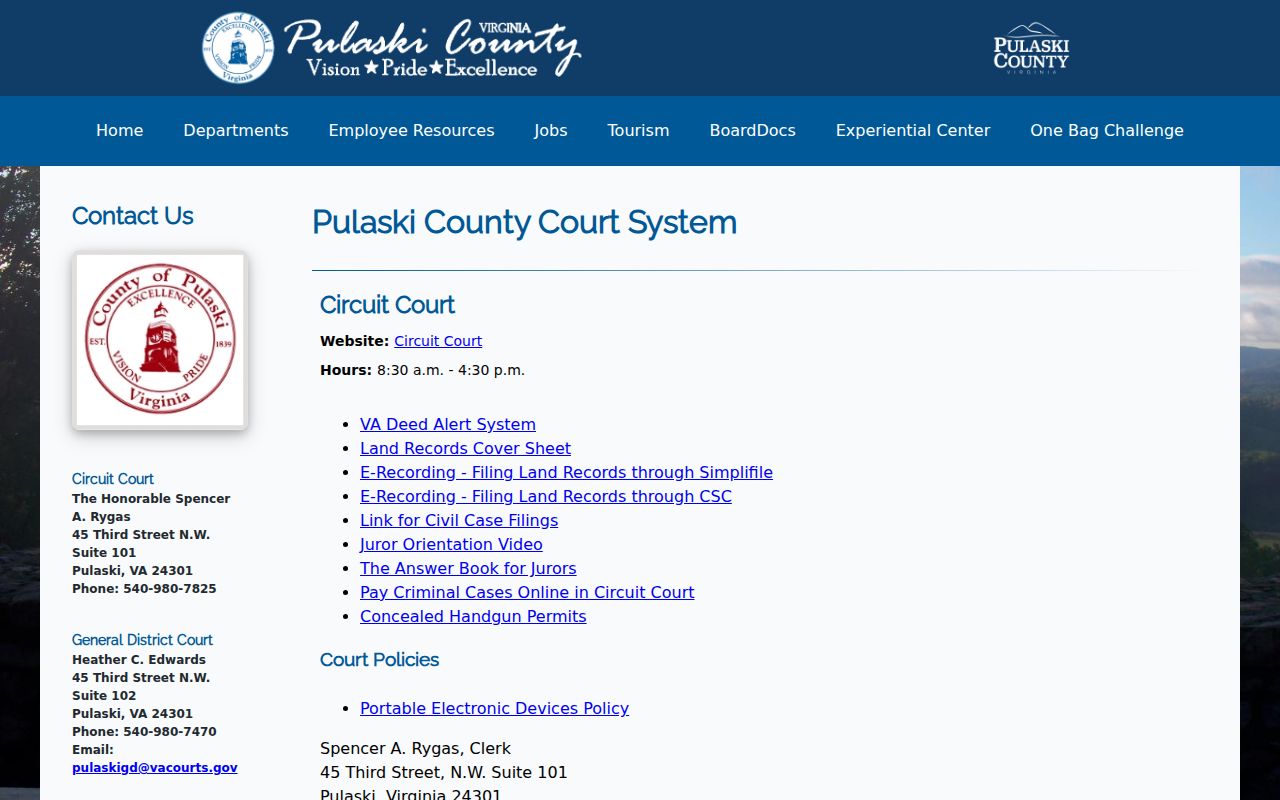 Pulaski County criminal court case contacts on the county court hub
