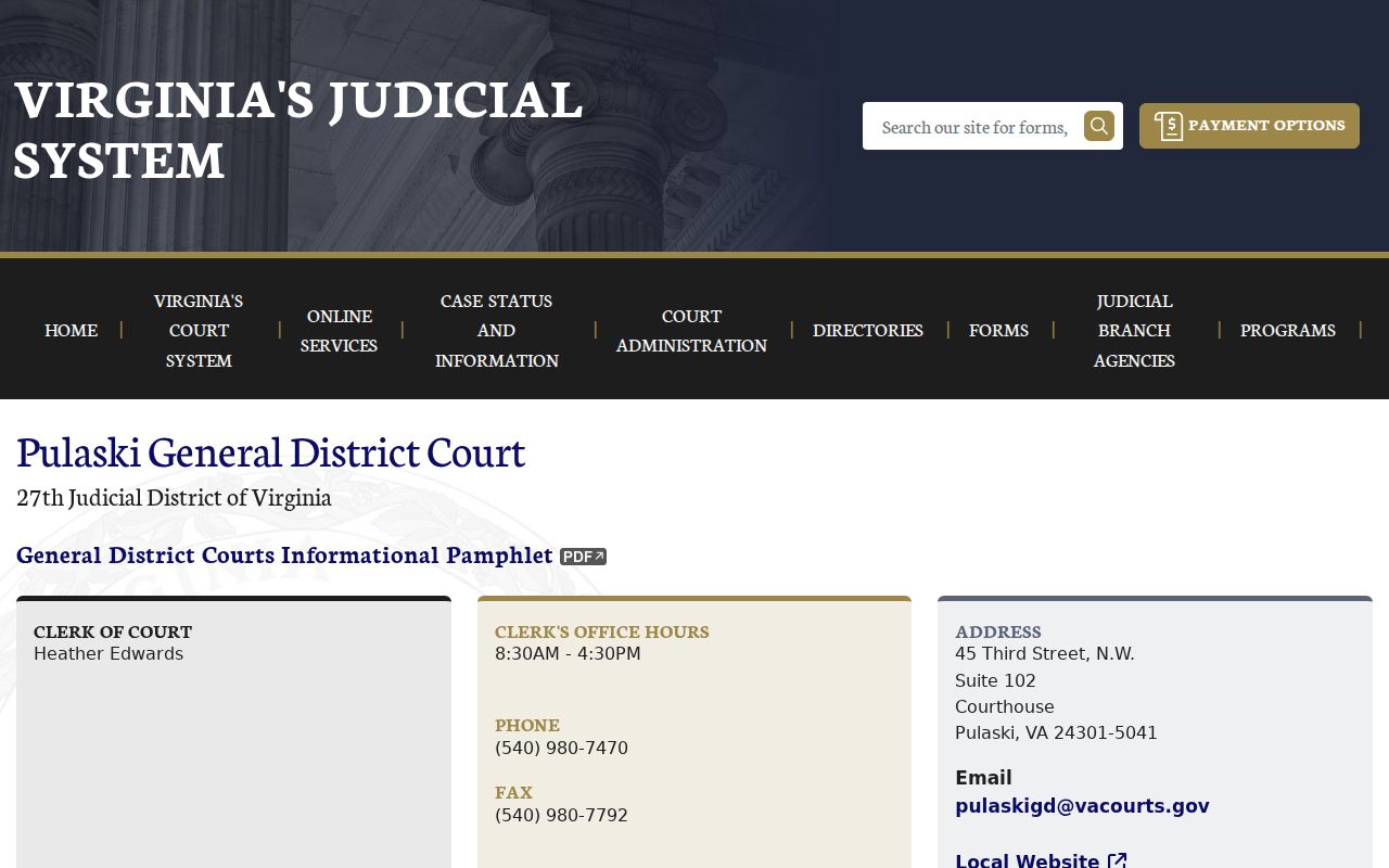 Pulaski County General District criminal court docket information