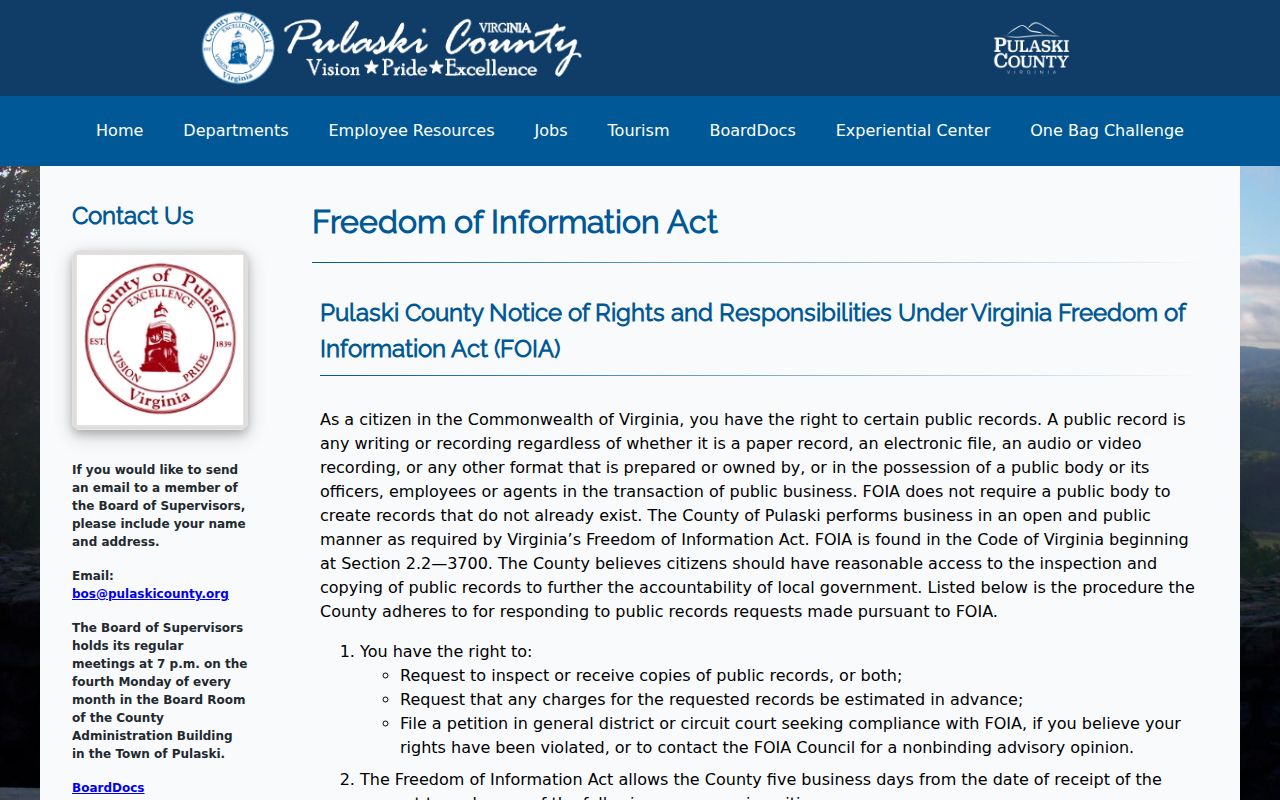 Pulaski County arrest records request instructions under Virginia FOIA
