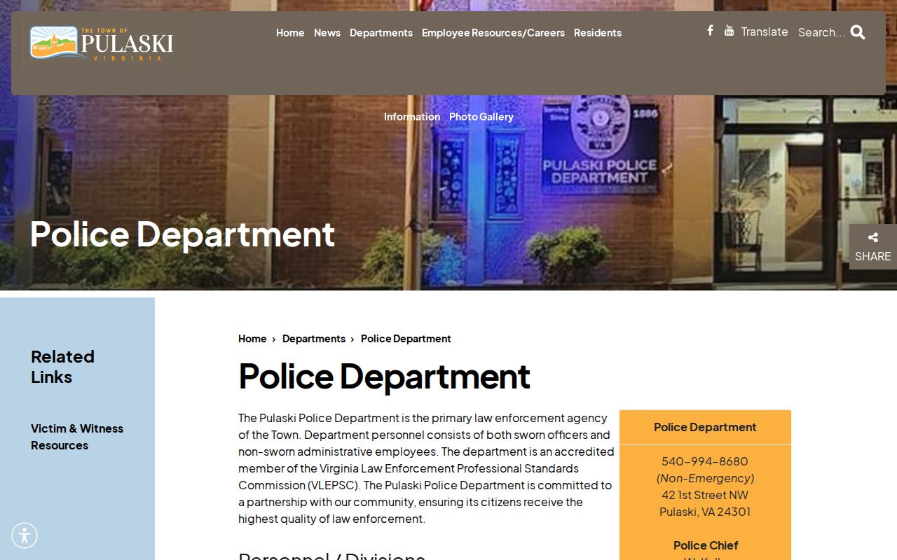 Pulaski criminal records information from the Pulaski Police Department