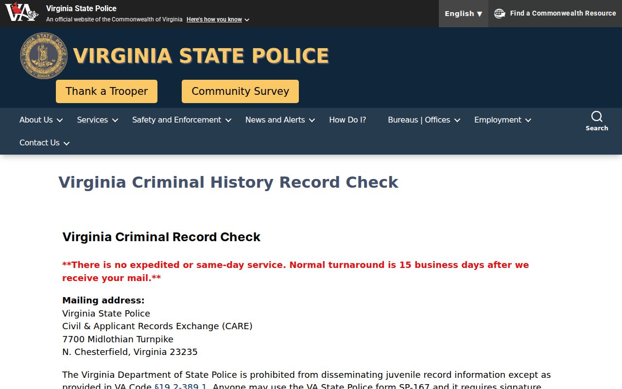 Virginia State Police channel for Pulaski County arrest history checks