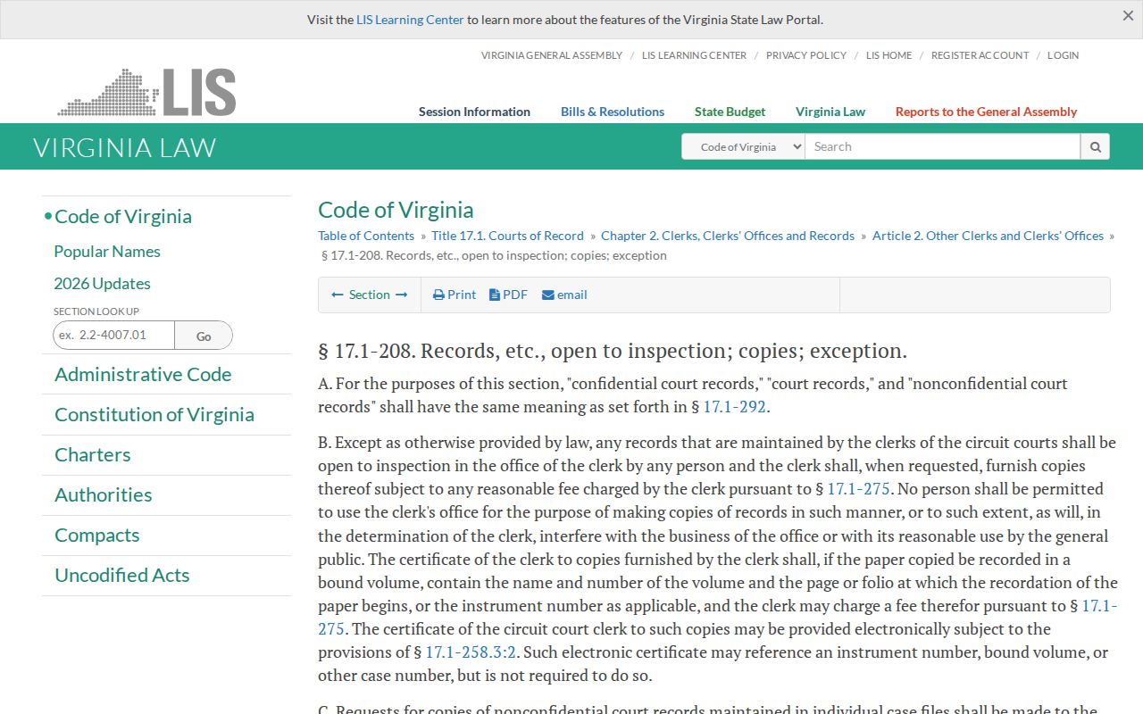 Virginia clerk access law for Pulaski County criminal court records
