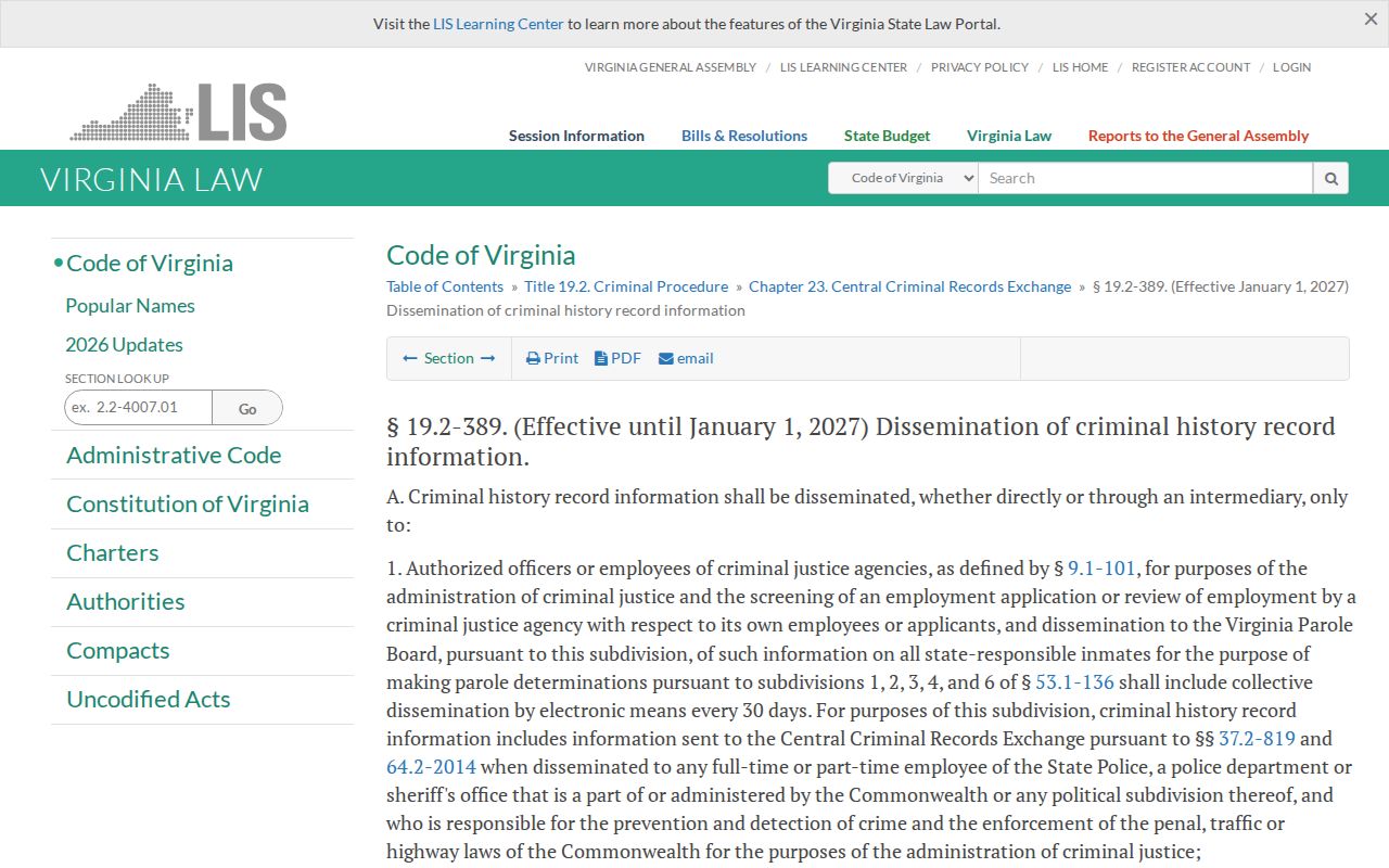 Virginia CCRE dissemination limits affecting Pulaski County court cases