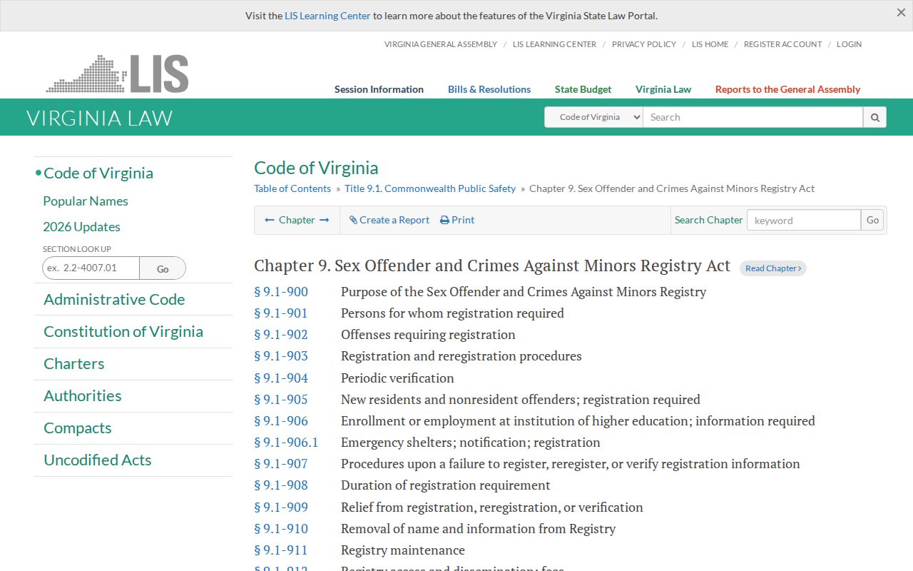 Virginia registry law governing Pulaski County sex offender profiles